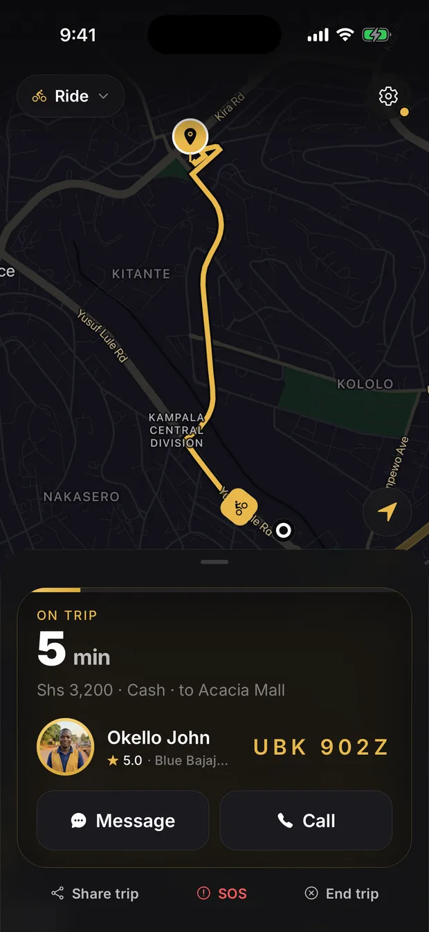 A trip in progress with Share trip and SOS