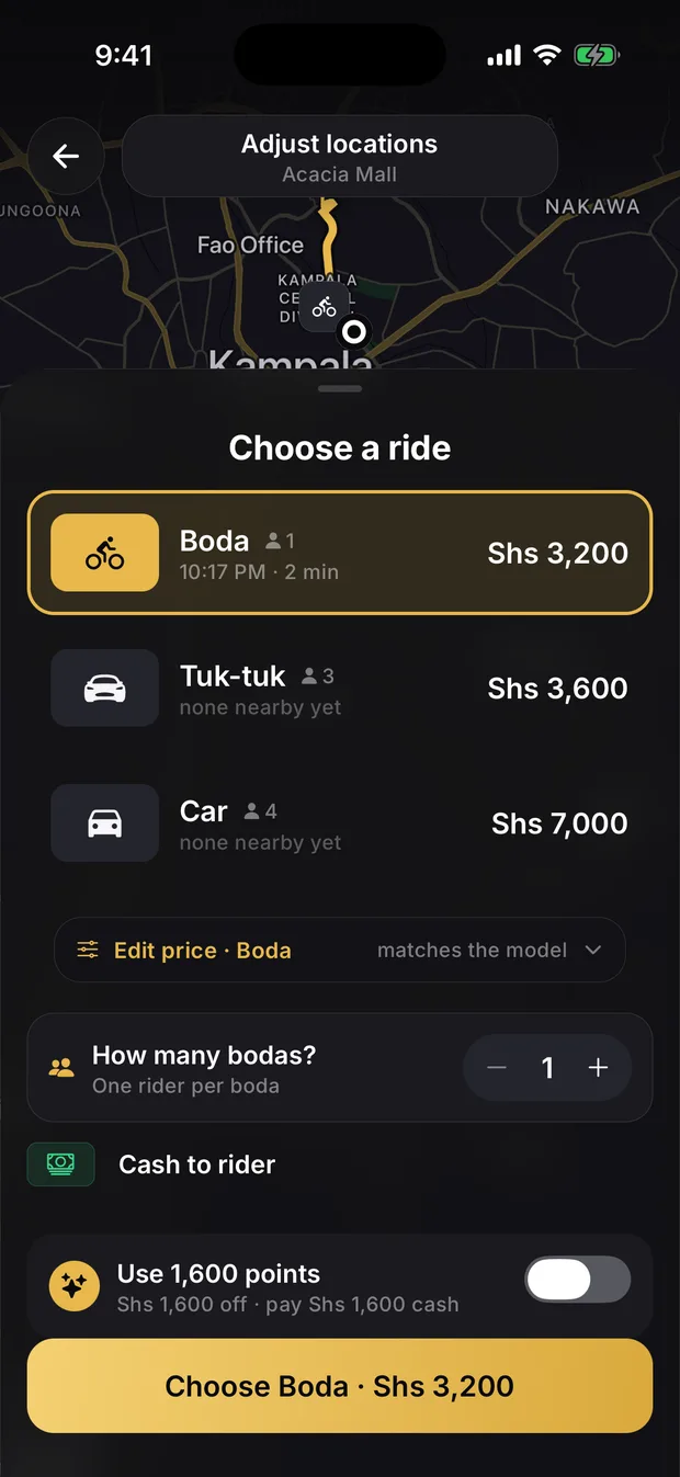 Choosing a boda in PlusBoda, with the fare shown before you book