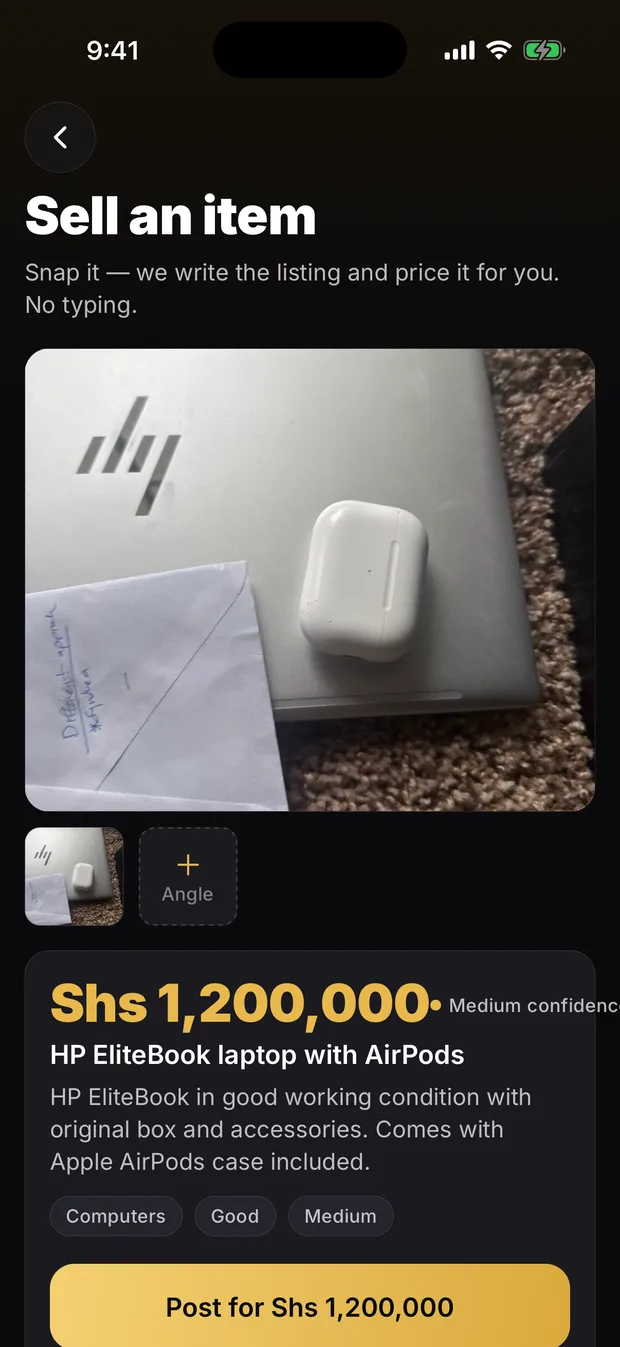 Selling a laptop: the listing and price written from a photo